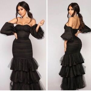 Fashion Nova Black Ruffled Backless Gown